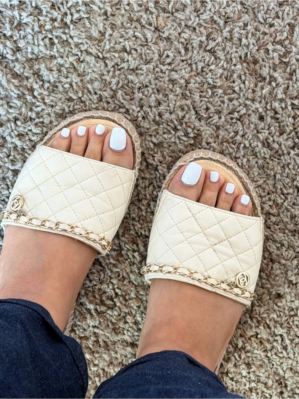 CHANEL Cream Quilted Espadrille Flats with Gold Chain Charm